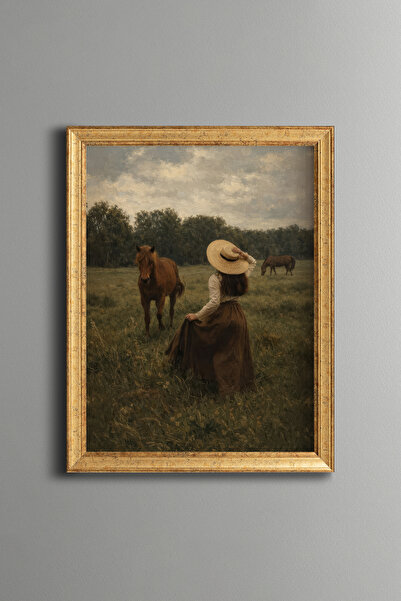 epiqart Young Woman with Straw Hat and Horses - Vintage Patterned Painting - ...