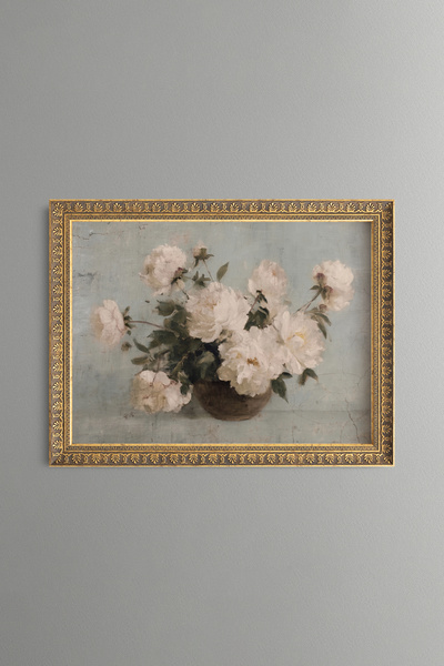 epiqart White Peony Flowers - Vintage Patterned Painting - Fine Model