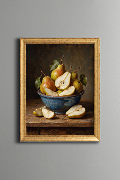 epiqart Still Life of Pears in a Blue Bowl - Vintage Patterned Painting - Fin...