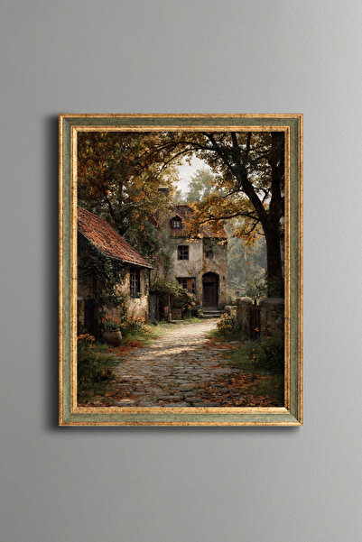 epiqart Stone Houses and Village Road in Autumn - Vintage Patterned Painting ...