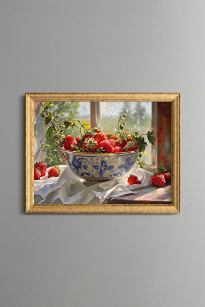 epiqart Strawberries in Blue Porcelain Bowl - Vintage Patterned Painting - Fi...