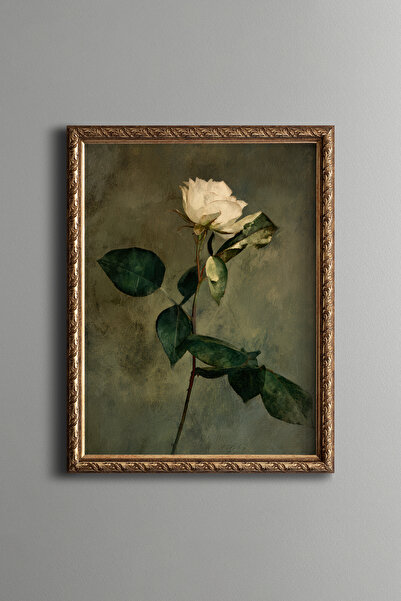 epiqart White Rose on Green Background - Vintage Patterned Painting - Fine Model