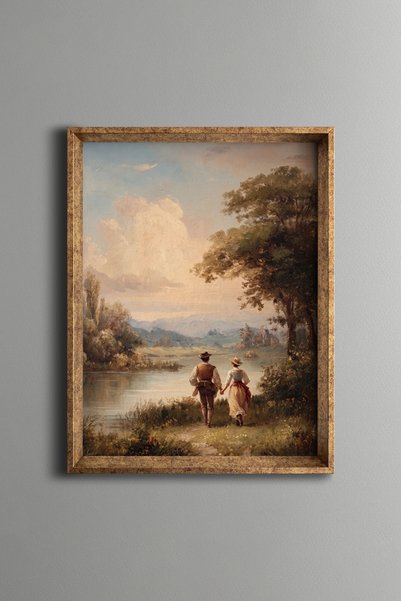 epiqart زوجان يمشيان يد باليد على ضفاف البحيرة - لوحة بنمط عتيق - نموذج رفيع