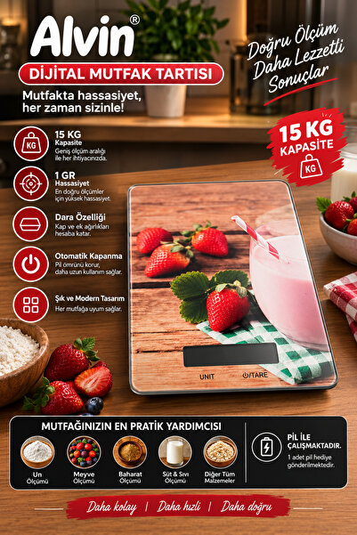 Alvin Dijital Mutfak Tartısı 15 KG Hassas Terazi 1 GR Hassasiyet Dara Özellikli