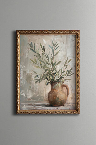 epiqart Olive Branches in Clay Vase - Vintage Patterned Painting - Fine Model
