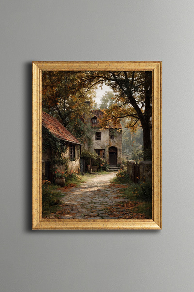 epiqart Stone Houses and Village Road in Autumn - Vintage Patterned Painting ...