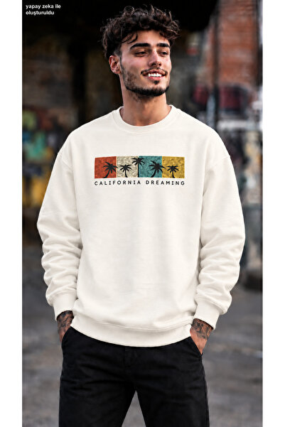 caddekombin Men's California Dreaming Palm Tree Printed Crew Neck Casual Regu...