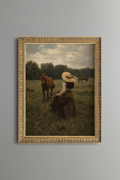 epiqart Young Woman with Straw Hat and Horses - Vintage Patterned Painting - ...