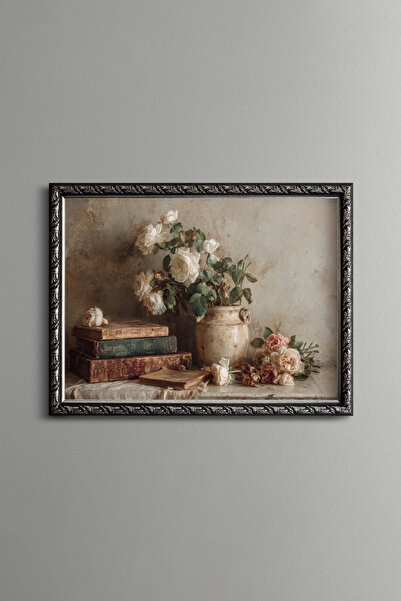 epiqart Books and Roses - Vintage Patterned Painting - Fine Model