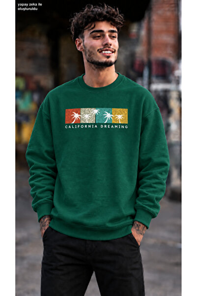 caddekombin Men's California Dreaming Palm Tree Printed Crew Neck Casual Regu...