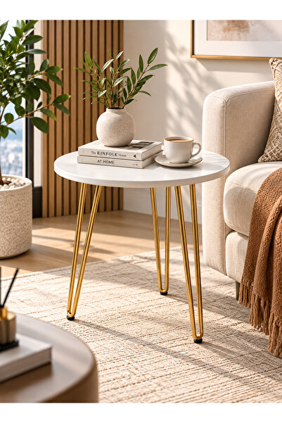 N.zone طاولة جانبية دائرية مودرن بتصميم أنيق وأرجل حديدية رفيعة – سطح MDF عمل...