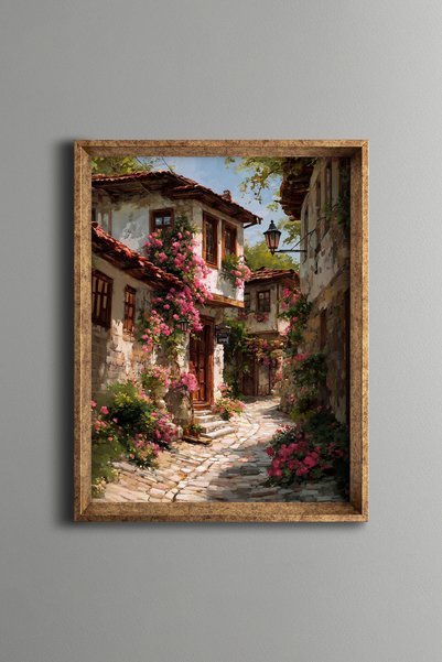 epiqart شارع حجري مزين بالزهور - لوحة بنمط عتيق - نموذج رفيع