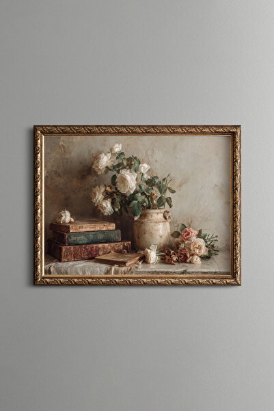 epiqart Books and Roses - Vintage Patterned Painting - Fine Model