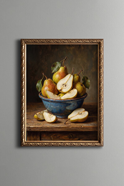 epiqart Still Life of Pears in a Blue Bowl - Vintage Patterned Painting - Fin...