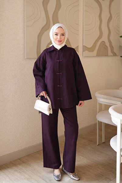 İmajButik Mürdüm Biye Düğmeli Ceket Pantolonlu Gabardin Takım