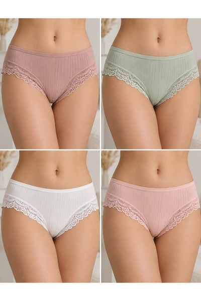 Quatarze Özten Women's Ribbed Striped Lace Panties 4-Piece Pack Assorted Colors