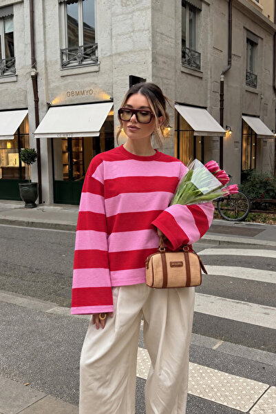 Ladima Kadın Kalın Kırmızı Pembe Çizgili Bisiklet Yaka Oversize Sweatshirt