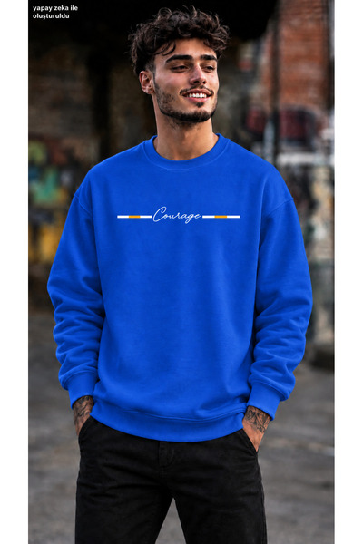 caddekombin Men's Courage Stripe Detailed Printed Crew Neck Casual Regular Fi...