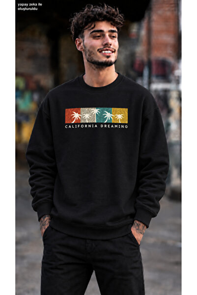 caddekombin Men's California Dreaming Palm Tree Printed Crew Neck Casual Regu...