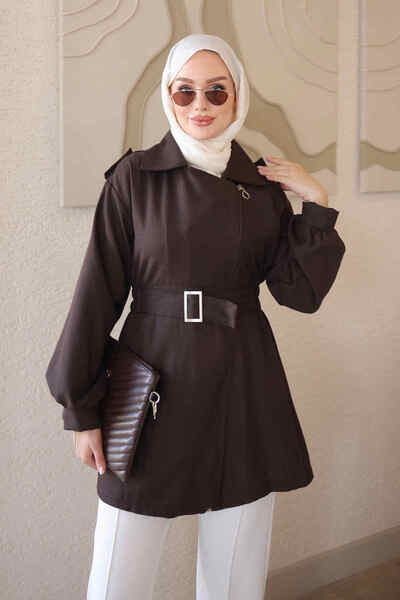 İmajButik Brown Waist Drawstring Belt Detailed Zippered Jacket