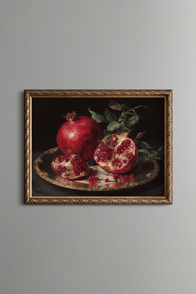 epiqart Embroidered Pomegranates on Tray - Vintage Patterned Painting - Fine ...