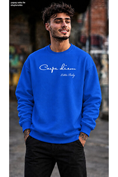 caddekombin Men's Carpe Diem Written Minimal Typographic Graphic Printed Crew...