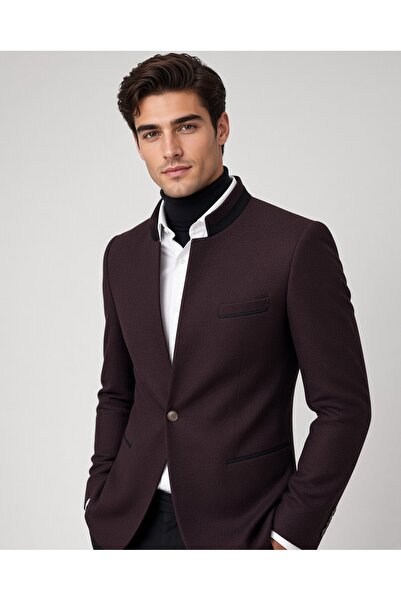 SABRİ ZENGİN Erkek Mürdüm Slim Fit Hakim Yaka Özel Tasarım Blazer Tek Ceket