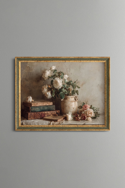 epiqart Books and Roses - Vintage Patterned Painting - Fine Model