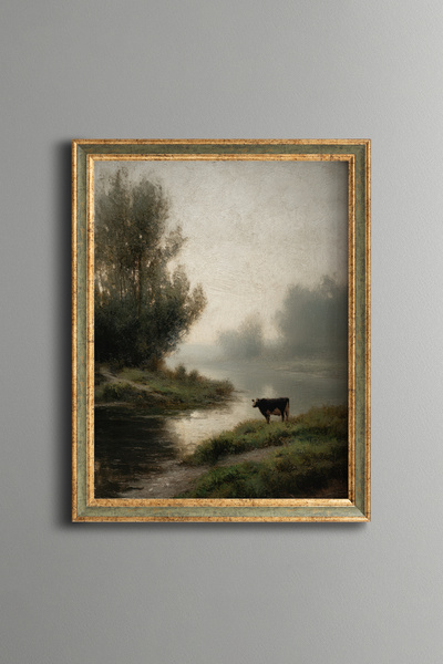 epiqart Cow on the Misty Lake Shore - Vintage Patterned Painting - Fine Model
