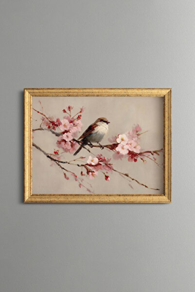 epiqart Bird on a Branch with Pink Flowers - Vintage Patterned Painting - Fin...