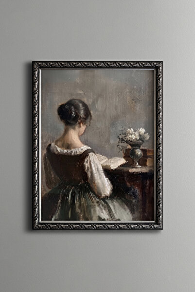epiqart Young Woman Reading a Book - Vintage Patterned Painting - Slim Model