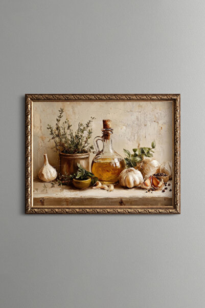 epiqart Olive Oil and Garlic Still Life - Vintage Patterned Painting - Fine M...