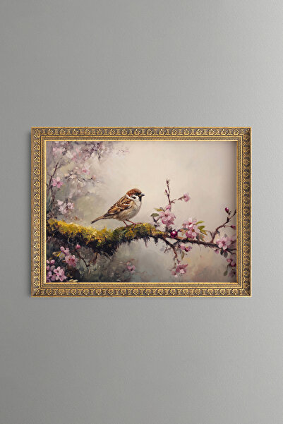 epiqart Sparrow on a Mossy Flower Branch - Vintage Patterned Painting - Fine ...