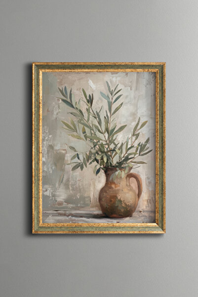 epiqart Olive Branches in Clay Vase - Vintage Patterned Painting - Fine Model