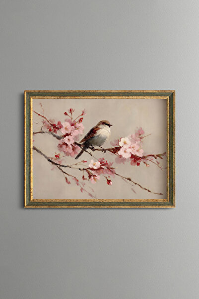epiqart Bird on a Branch with Pink Flowers - Vintage Patterned Painting - Fin...