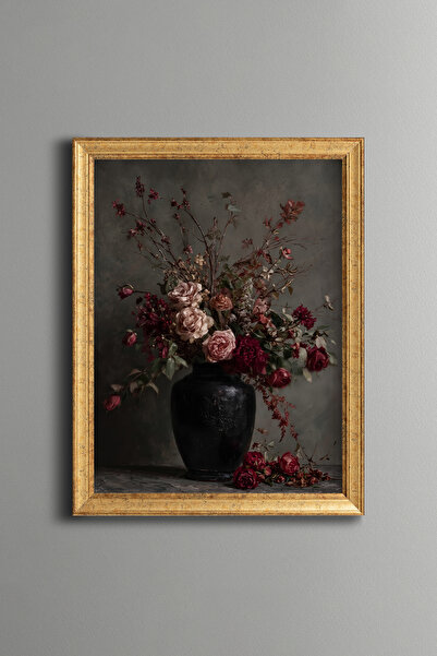 epiqart Pink and Burgundy Roses in a Black Vase - Vintage Patterned Painting ...