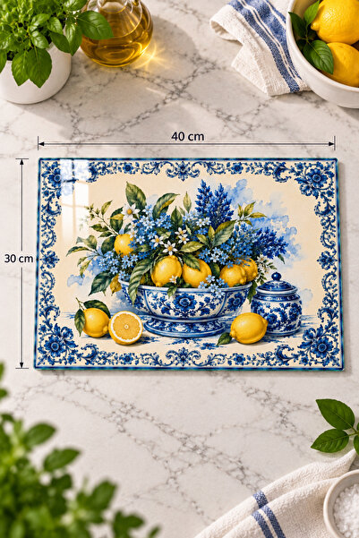 Decorita Cam Kesme Tahtası - Cam Kesme Tablası | Mavi Çini Tabağı Limon Desenli | 30cm x 40cm