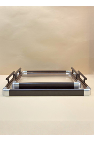 ALQANNAS 2-Piece Wooden Frame Serving Tray Set with Transparent Acrylic Base and Silver Corners