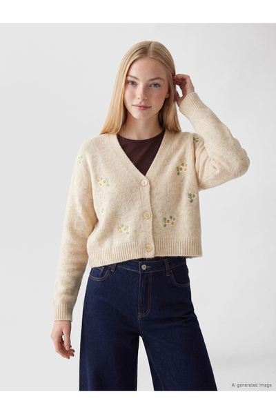LC Waikiki V Neck Floral Embroidered Women's Knitwear Cardigan