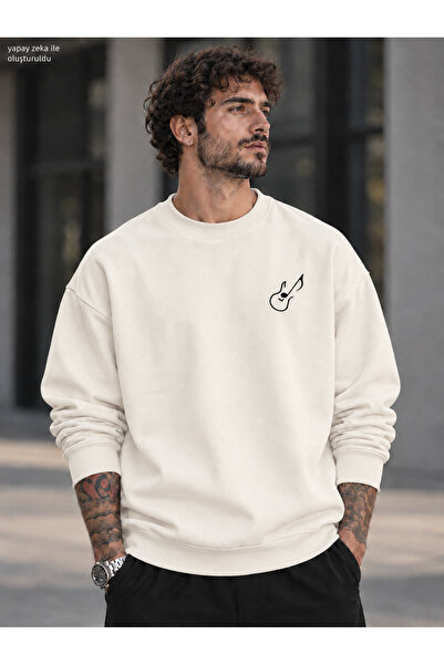 caddekombin Men's Chest Emblem Guitar Note Line Graphic Printed Crew Neck Cas...