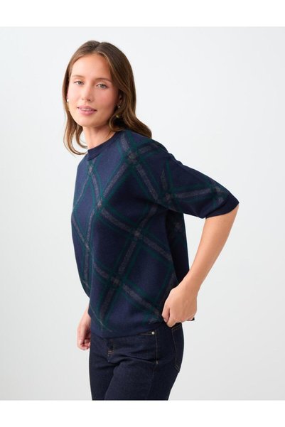 Jimmy Key Navy Blue Diamond Patterned Crew Neck Elbow Sleeve Knit Sweater