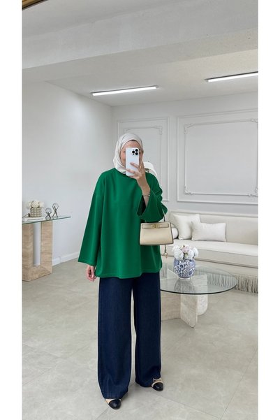 Moda Aydın Butik Women's Oversize Basic Sweatshirt Tunic - Emerald Green