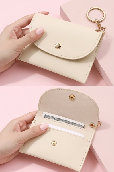 Defnella Cream Double Compartment Mini Credit Card Holder Wallet with Keychai...