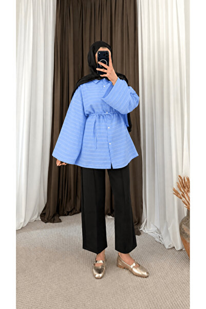 Hepsi Moda Biye Kemerli Çizgili Tunik - Bebe Mavisi