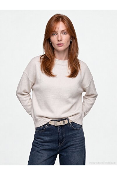Dilvin 10886 Wool Blend Crew Neck Sweater-Ecru