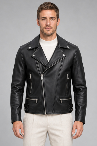 Montland Men's Black Slim Fit Leather Jacket with Cross-Zipper and Fur Lining