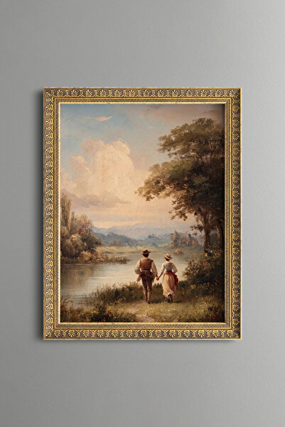 epiqart Couple Walking Hand in Hand by the Lake - Vintage Patterned Painting ...