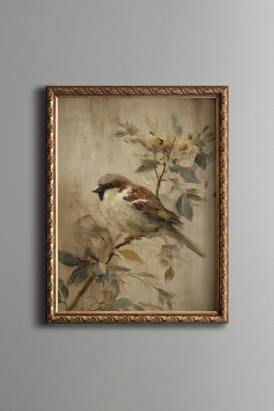 epiqart Sparrow on a Leafy Branch - Vintage Patterned Painting - Fine Model