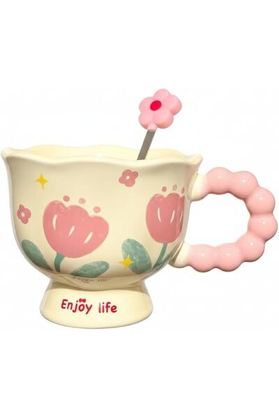 SYOSI Pink Tulip Ceramic Mug with Flower Spoon – 14oz Unique Bubbly Handle Co...