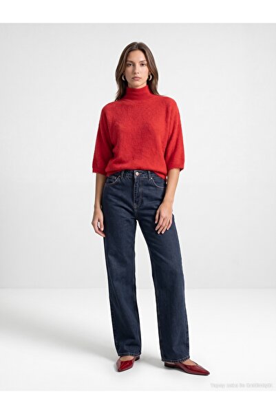 Dilvin 10851 High Collar Soft Textured Sweater-Red